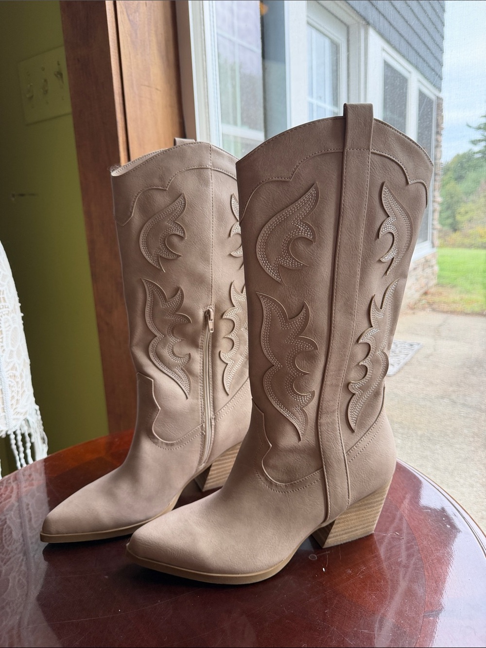 Dolce Vita Taupe Western Knee-High Heeled Boots